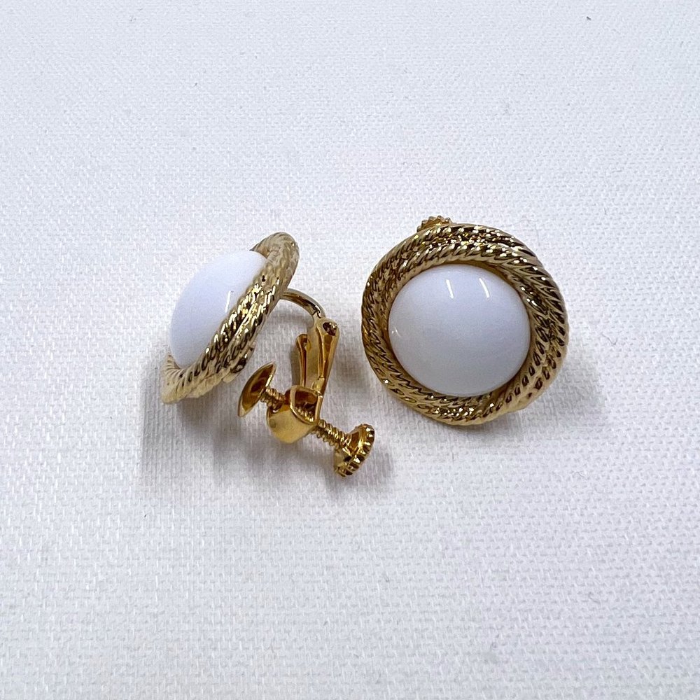 Napier - Large White Crew Back Earrings, Textured Gold Tone Rope .75” Diameter.